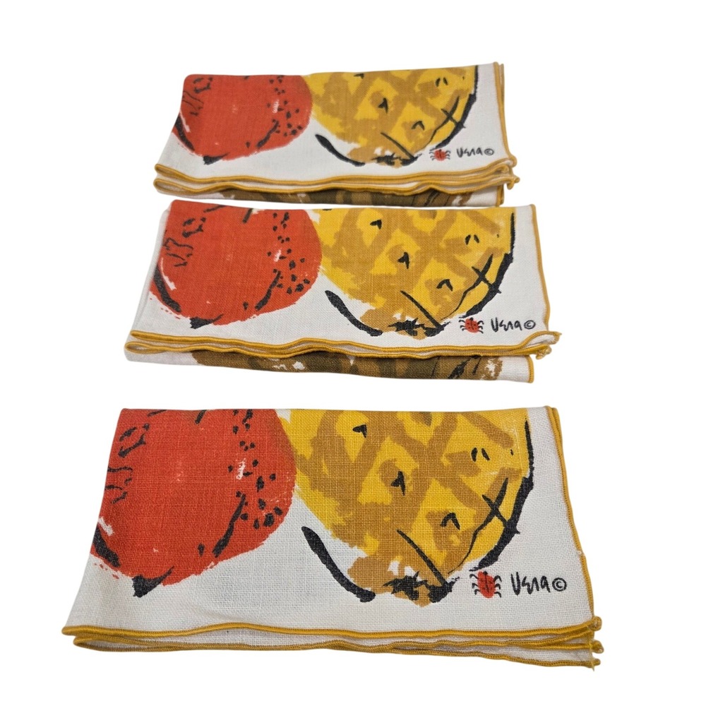 Vera Neumann Vintage Set of 3 Fruit Napkins Pineapple Strawberry Ladybug MCM
